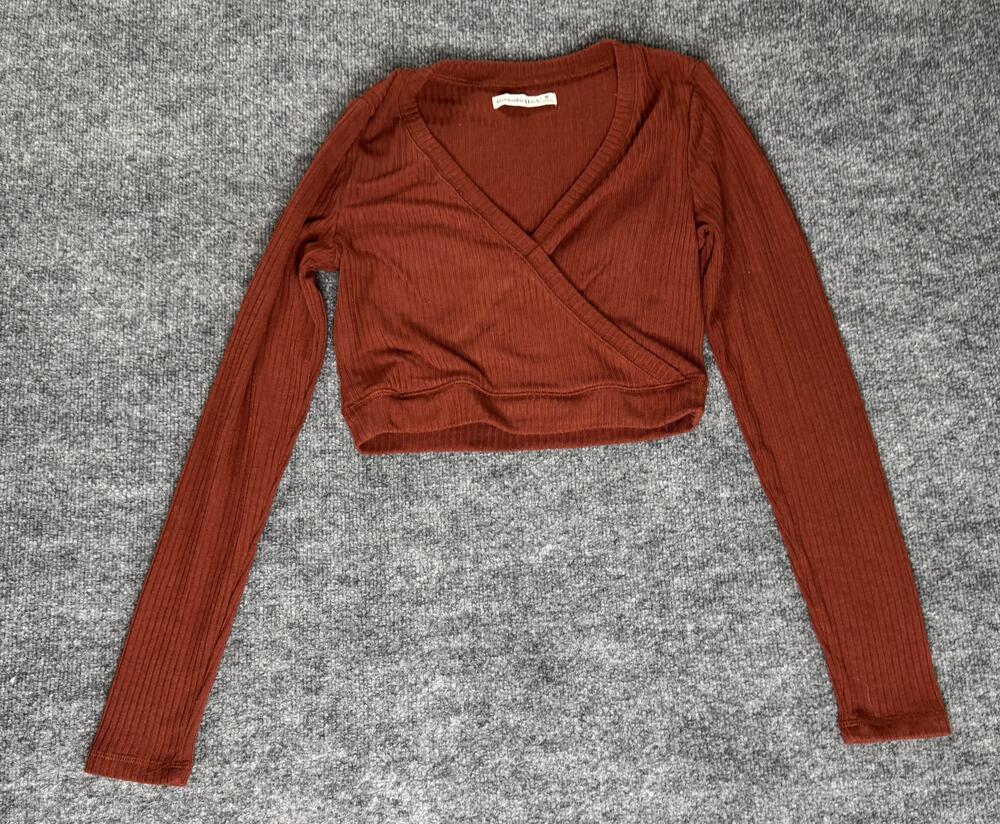 Abercrombie & Fitch Shirt Womens Medium Orange Ribbed Wrap Long Sleeve Crop Top